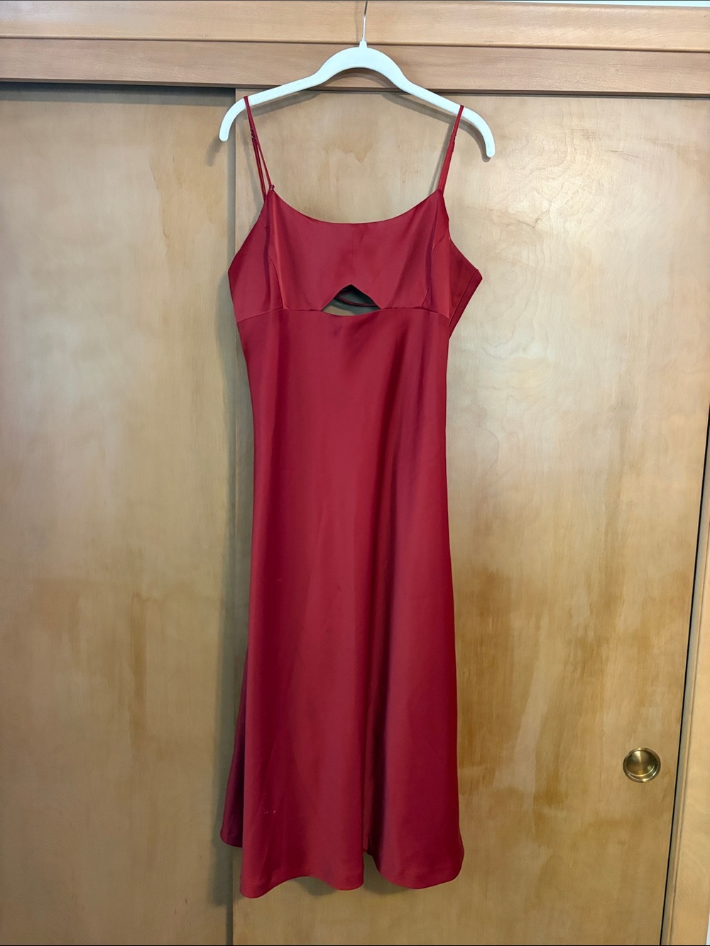 Ox Blood Spaghetti Strap Slip Dress with Front Cutout, Tie Back, Fully Lined